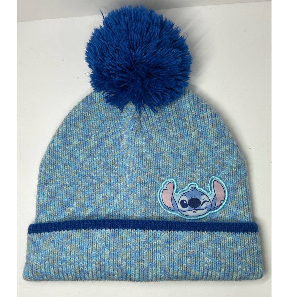 Disney Stitch Beanie Pom Pom Hat Blue Speckled Knit One Size
